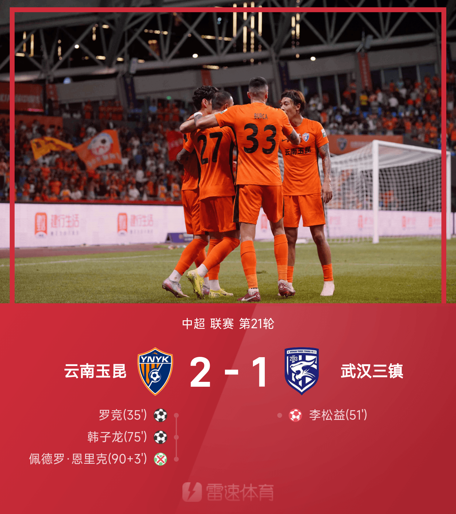 mk体育官方-中超战报:罗竞世界波,李松益自摆乌龙,云南玉昆2-1武汉三镇